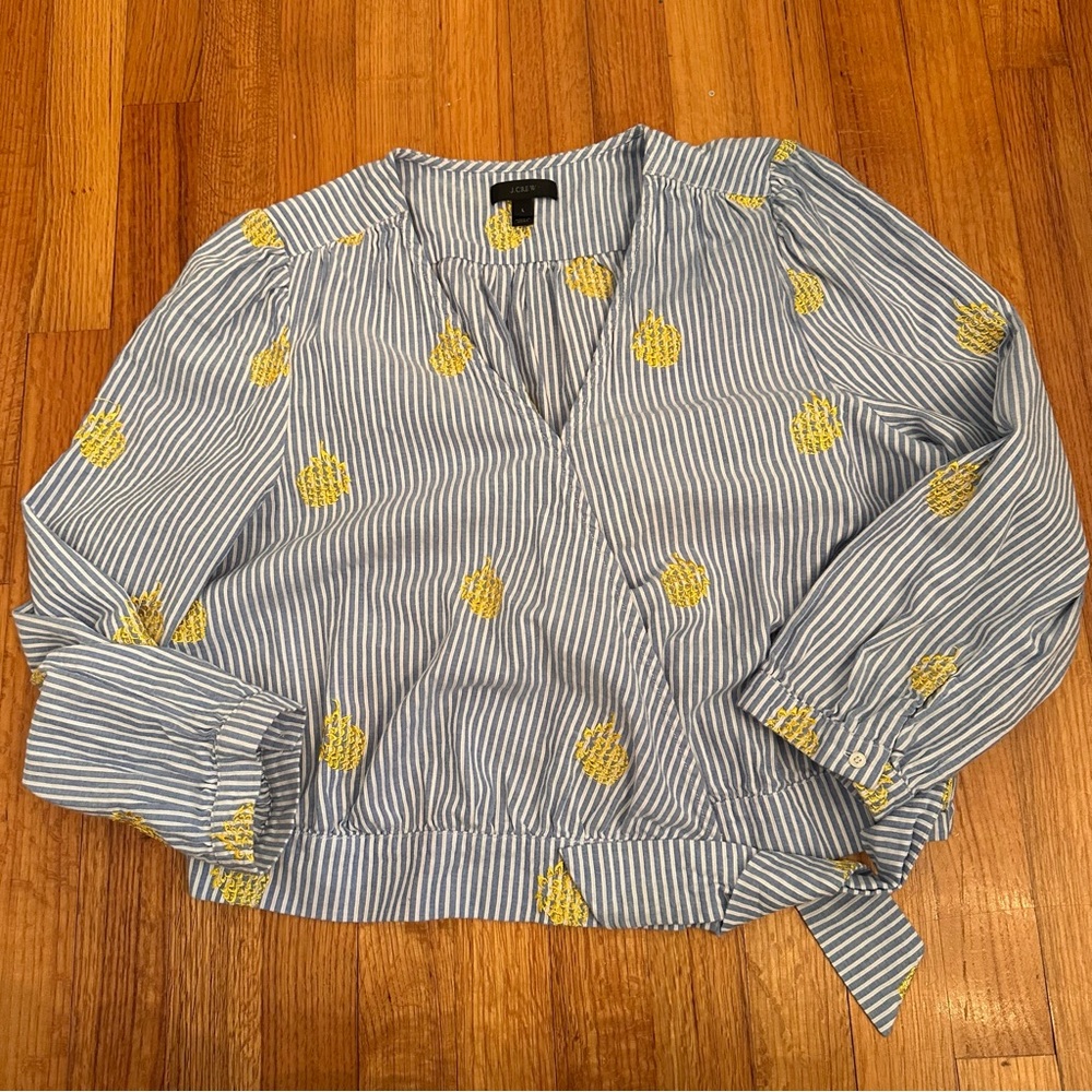 J Crew Womens Blue & White Striped WrapEmbroidered Pineapple Top Bluse Sz L(k11) - Picture 4 of 15